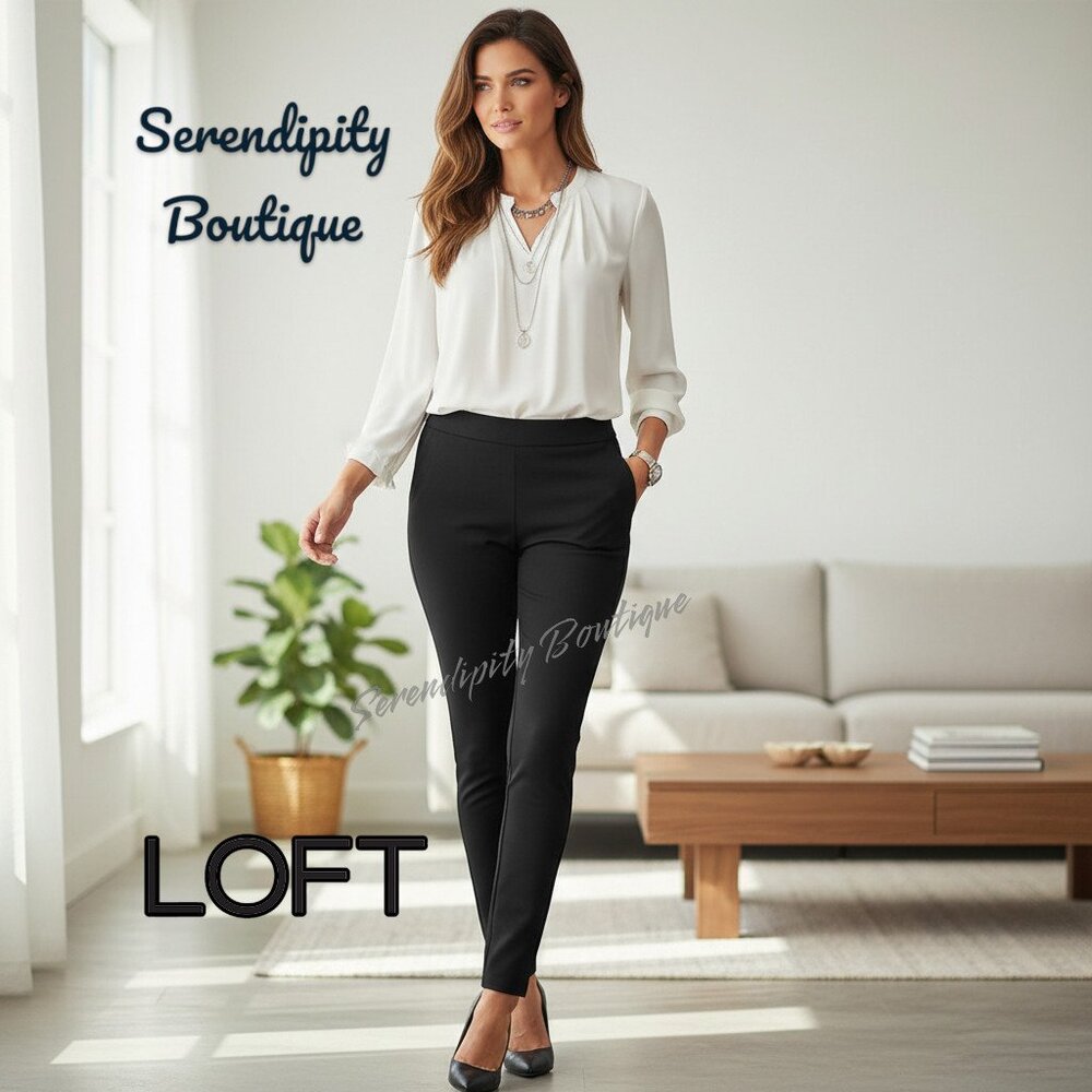 LOFT Sleek Slimming Side Ziper Pull On Black Skinny Dress Pants